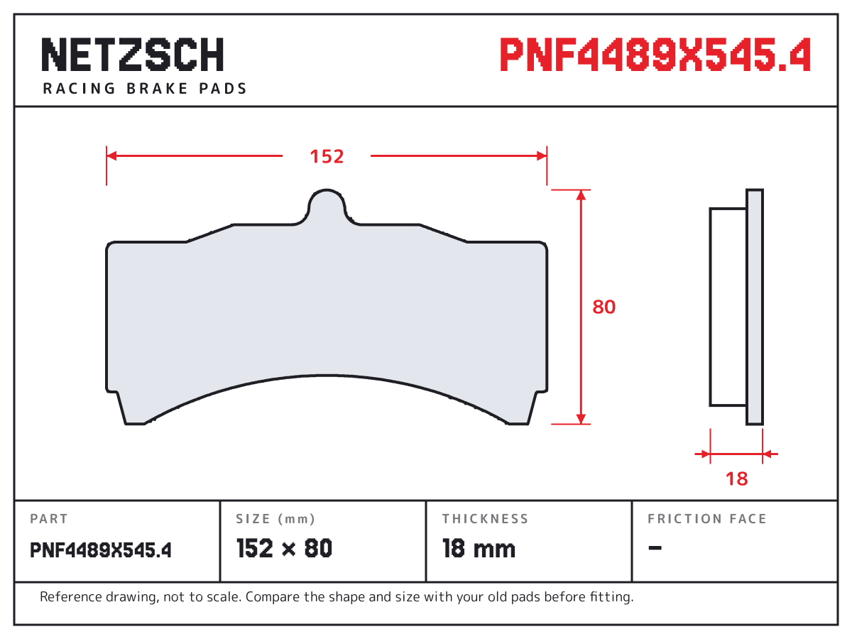 NETZSCH PNF4489X545.4 brake pad drawing: 152 × 80 mm, 18 mm thick