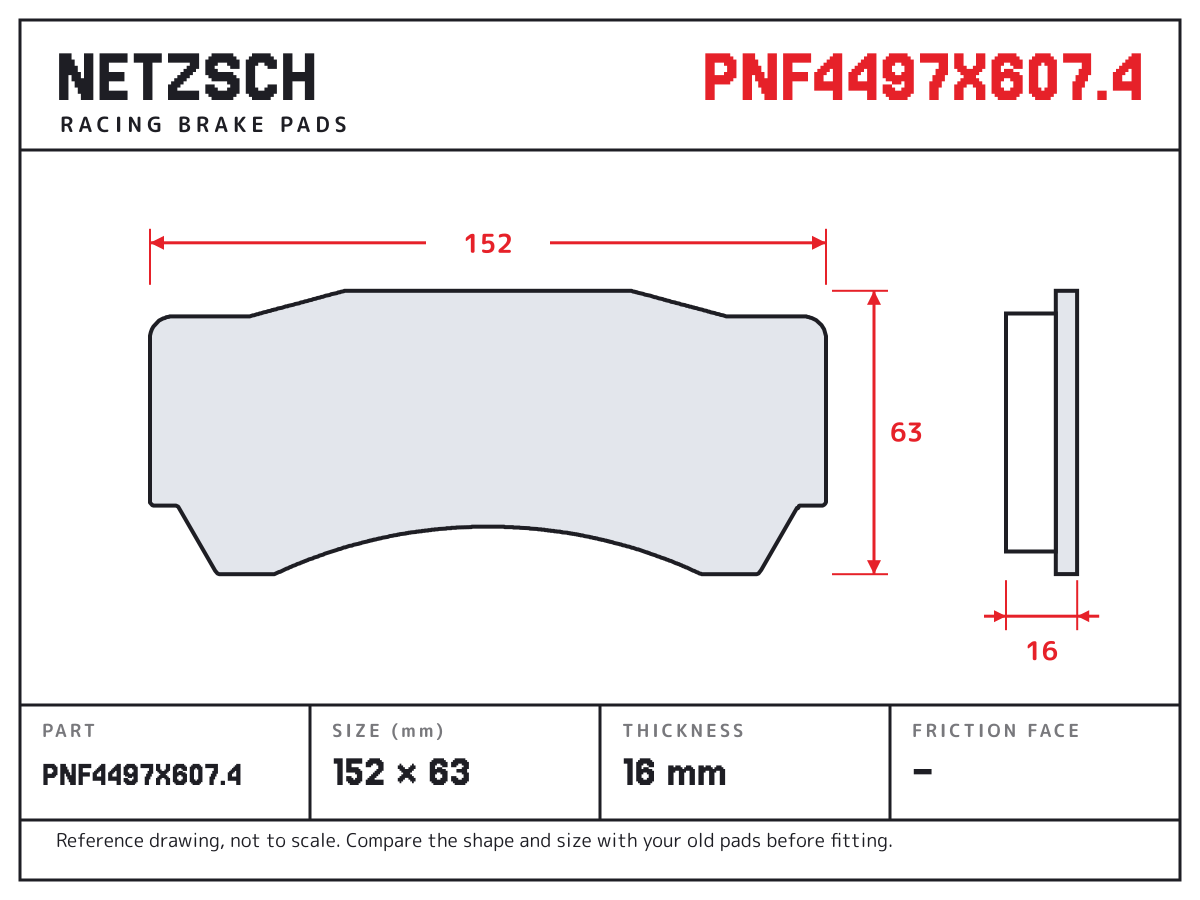 NETZSCH PNF4497X607.4 brake pad drawing: 152 × 63 mm, 16 mm thick