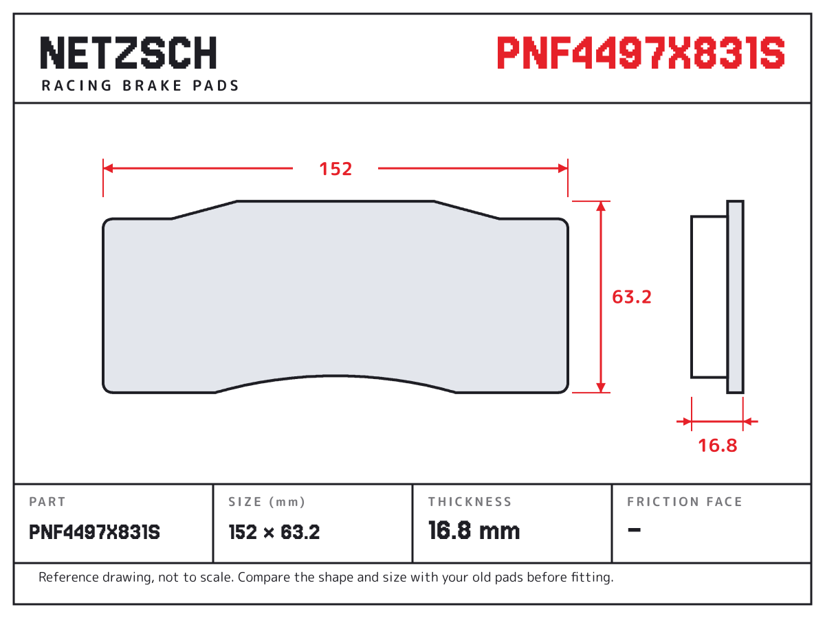 NETZSCH PNF4497X831S brake pad drawing: 152 × 63.2 mm, 16.8 mm thick