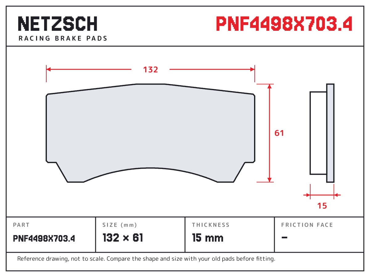 NETZSCH PNF4498X703.4 brake pad drawing: 132 × 61 mm, 15 mm thick
