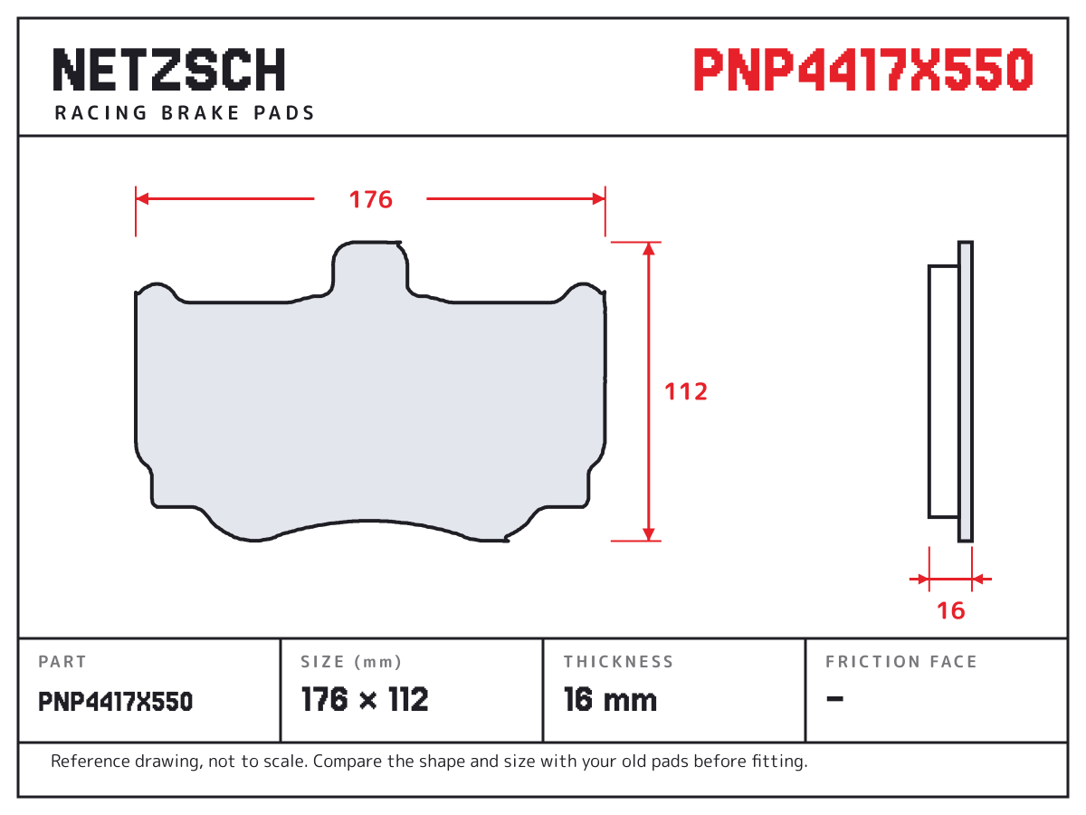NETZSCH PNP4417X550 brake pad drawing: 176 × 112 mm, 16 mm thick