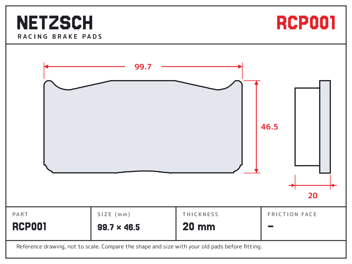 NETZSCH RCP001 brake pad drawing: 99.7 × 46.5 mm, 20 mm thick
