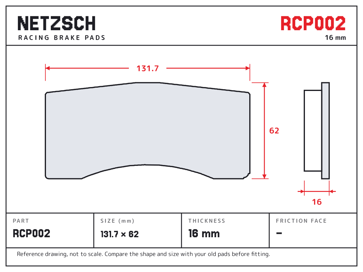 NETZSCH RCP002 brake pad drawing: 131.7 × 62 mm, 16 mm thick