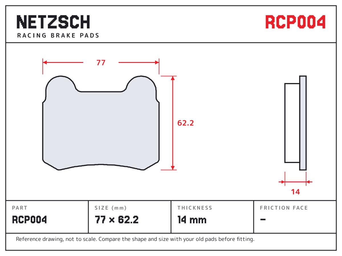 NETZSCH RCP004 brake pad drawing: 77 × 62.2 mm, 14 mm thick