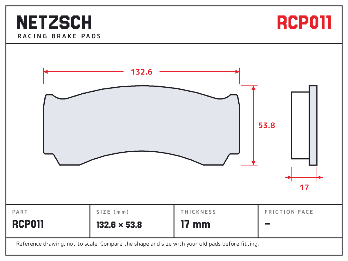 NETZSCH RCP011 brake pad drawing: 132.6 × 53.8 mm, 17 mm thick