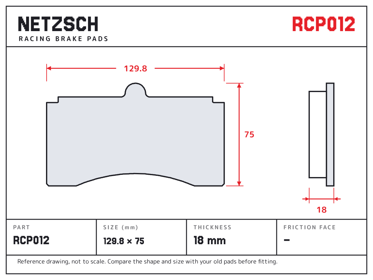 NETZSCH RCP012 brake pad drawing: 129.8 × 75 mm, 18 mm thick