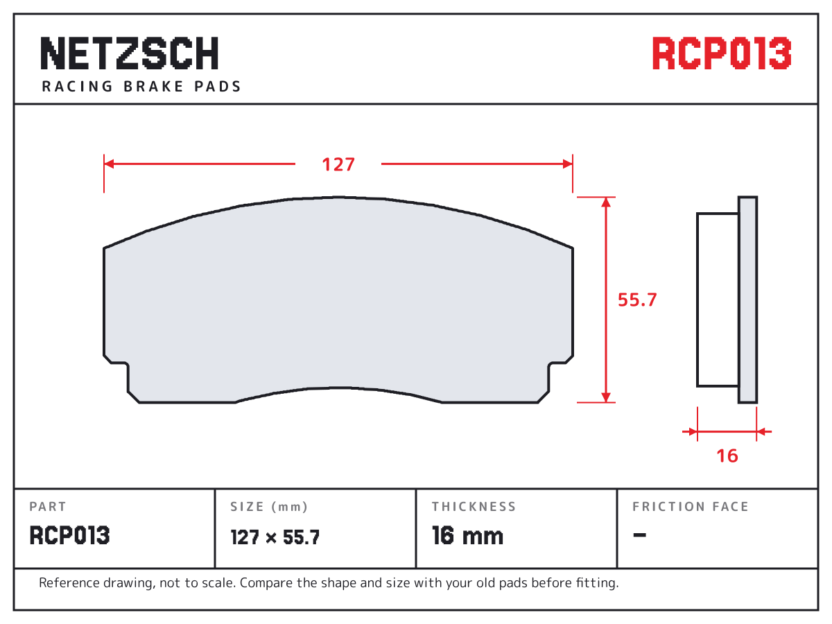 NETZSCH RCP013 brake pad drawing: 127 × 55.7 mm, 16 mm thick