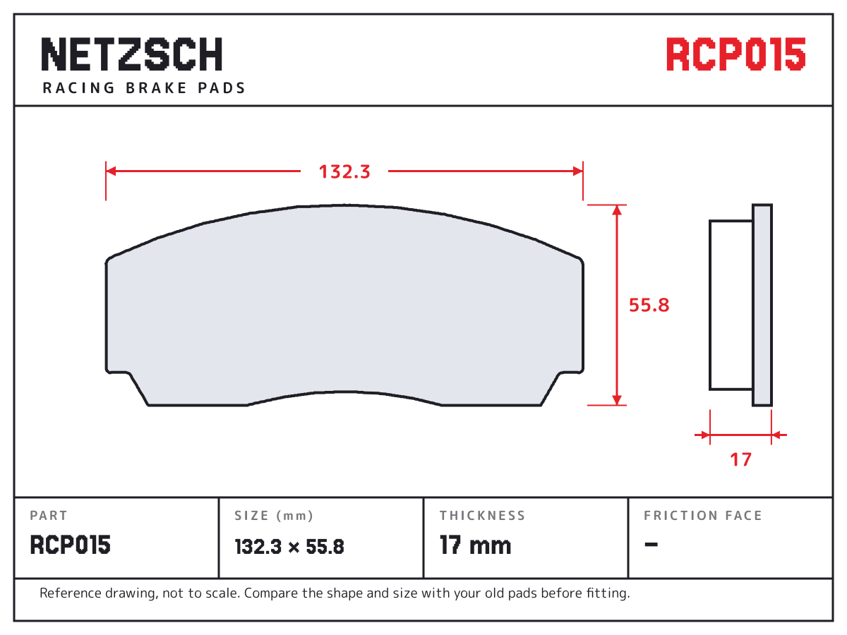 NETZSCH RCP015 brake pad drawing: 132.3 × 55.8 mm, 17 mm thick