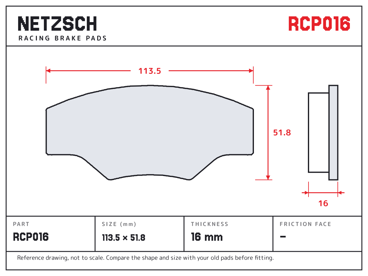 NETZSCH RCP016 brake pad drawing: 113.5 × 51.8 mm, 16 mm thick