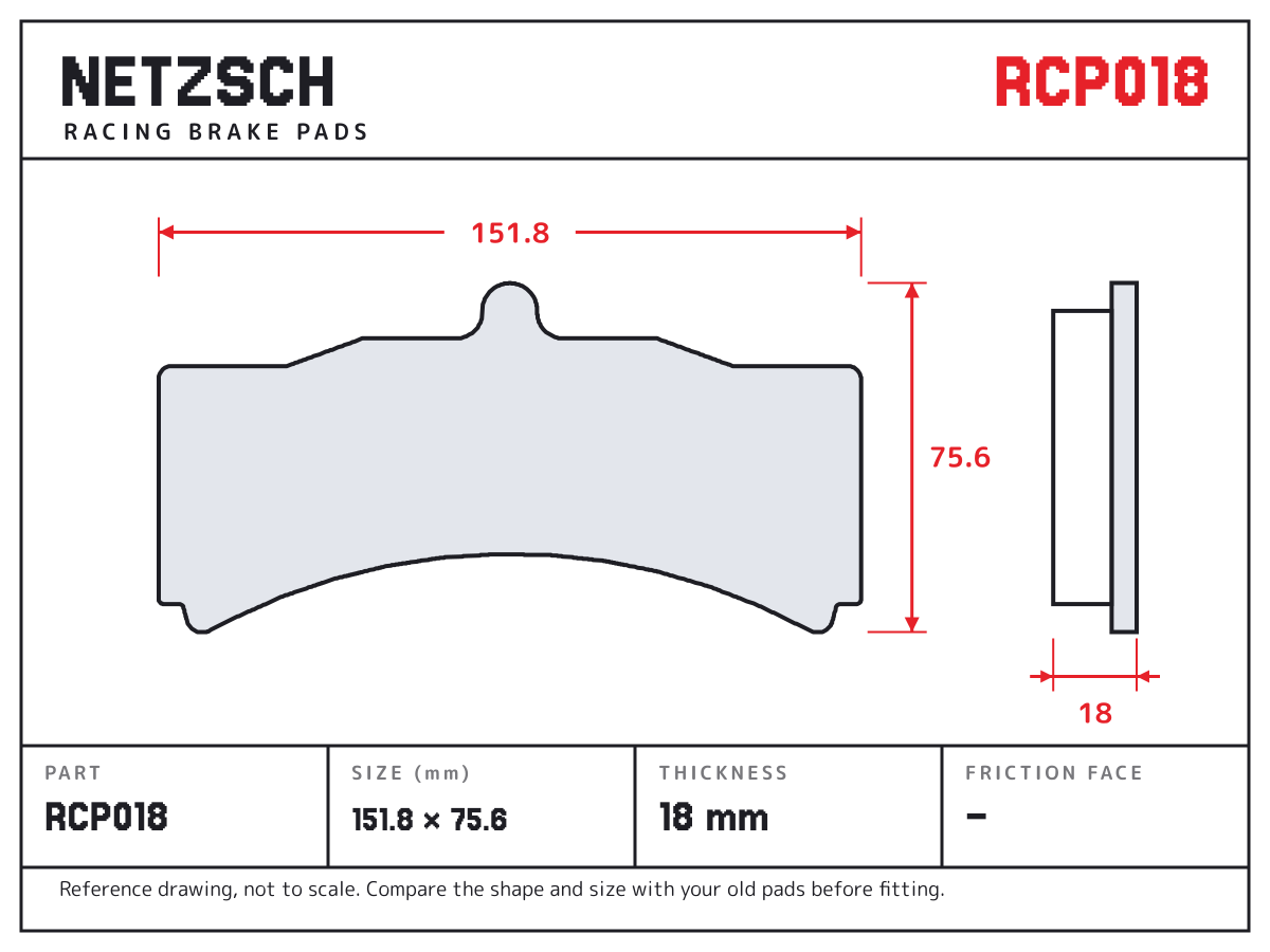 NETZSCH RCP018 brake pad drawing: 151.8 × 75.6 mm, 18 mm thick