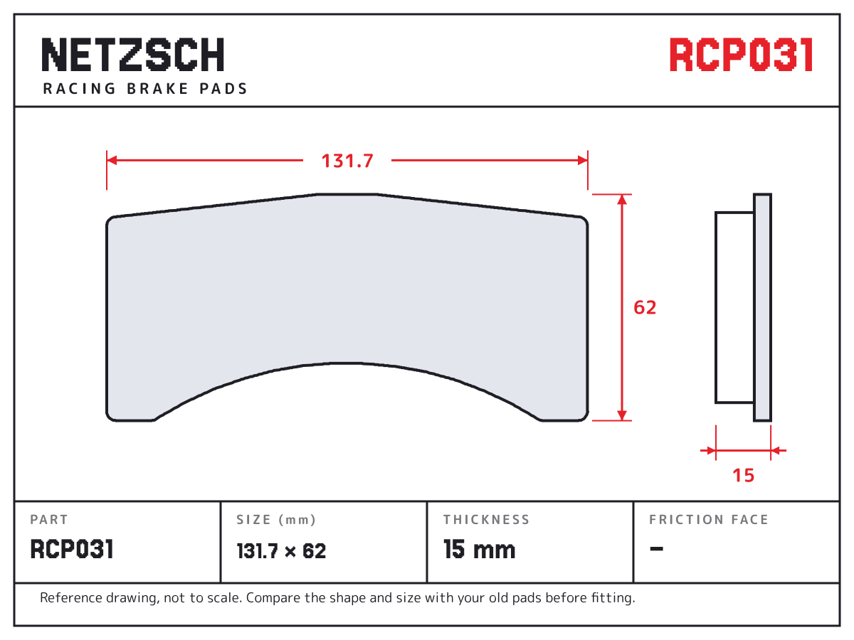 NETZSCH RCP031 brake pad drawing: 131.7 × 62 mm, 15 mm thick