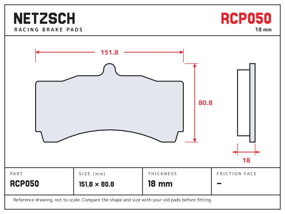 NETZSCH RCP050 brake pad drawing: 151.8 × 80.8 mm, 18 mm thick