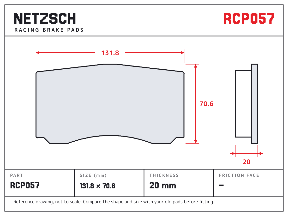 NETZSCH RCP057 brake pad drawing: 131.8 × 70.6 mm, 20 mm thick