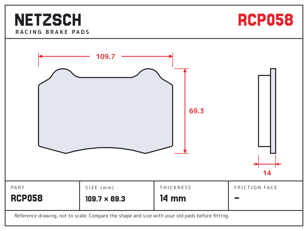 NETZSCH RCP058 brake pad drawing: 109.7 × 69.3 mm, 14 mm thick