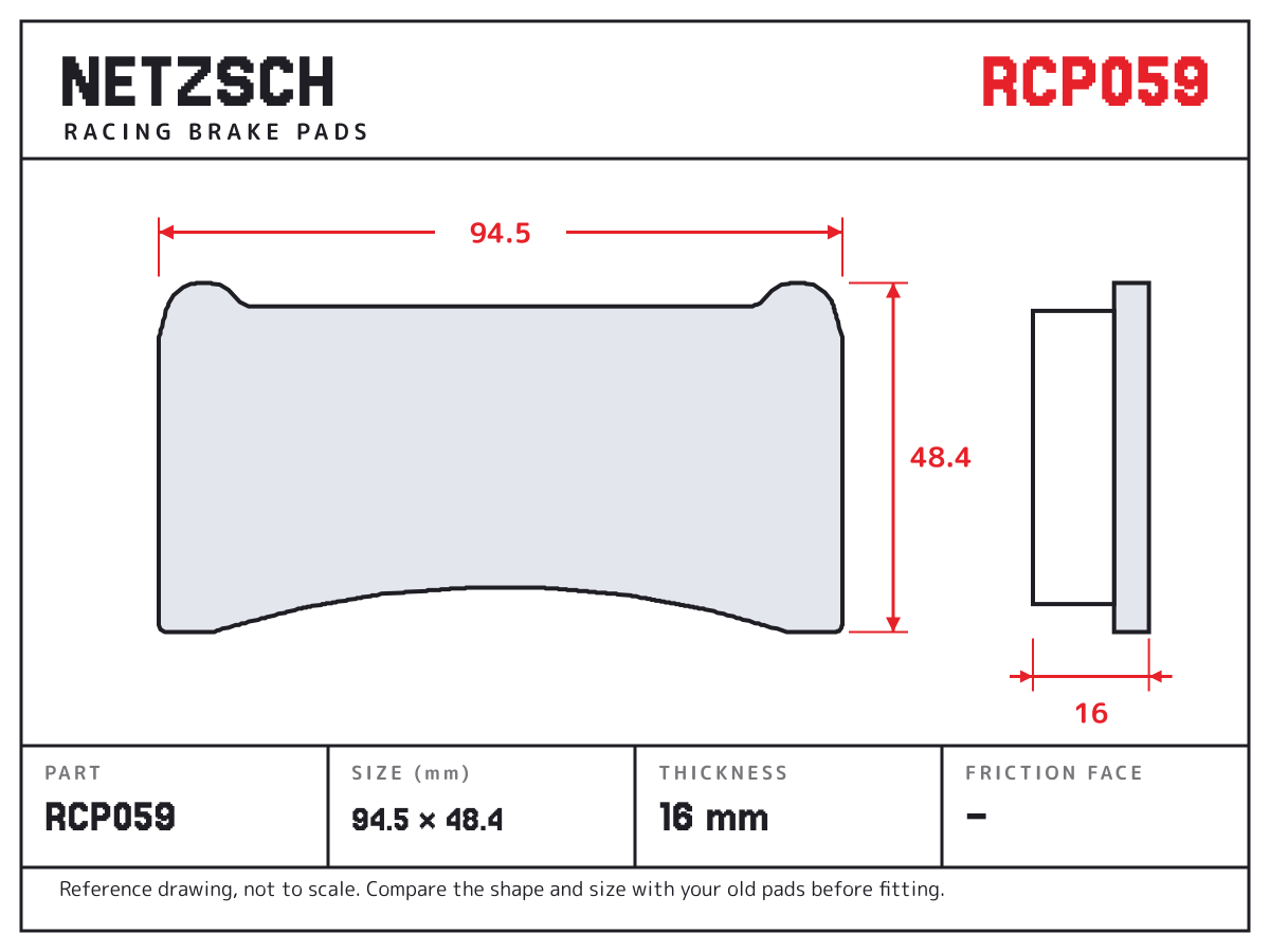 NETZSCH RCP059 brake pad drawing: 94.5 × 48.4 mm, 16 mm thick