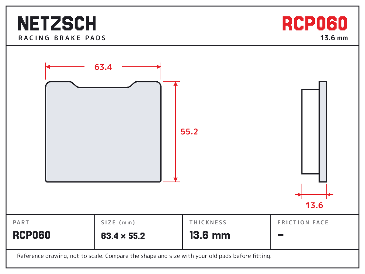 NETZSCH RCP060 brake pad drawing: 63.4 × 55.2 mm, 13.6 mm thick