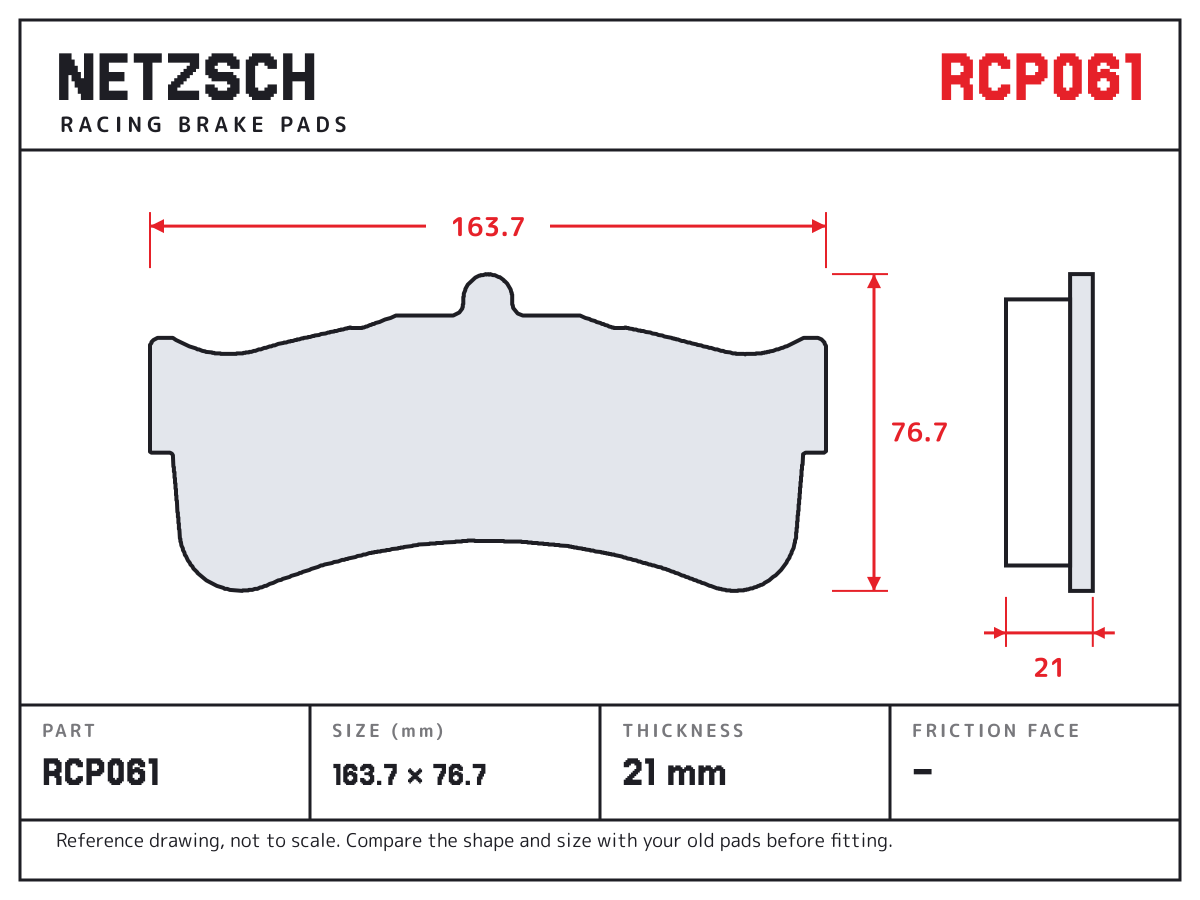 NETZSCH RCP061 brake pad drawing: 163.7 × 76.7 mm, 21 mm thick