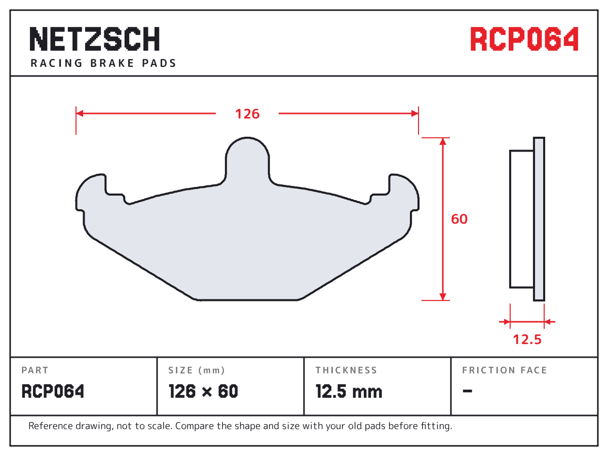 NETZSCH RCP064 brake pad drawing: 126 × 60 mm, 12.5 mm thick