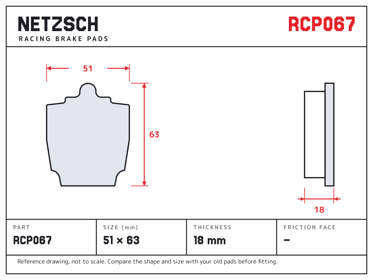 NETZSCH RCP067 brake pad drawing: 51 × 63 mm, 18 mm thick