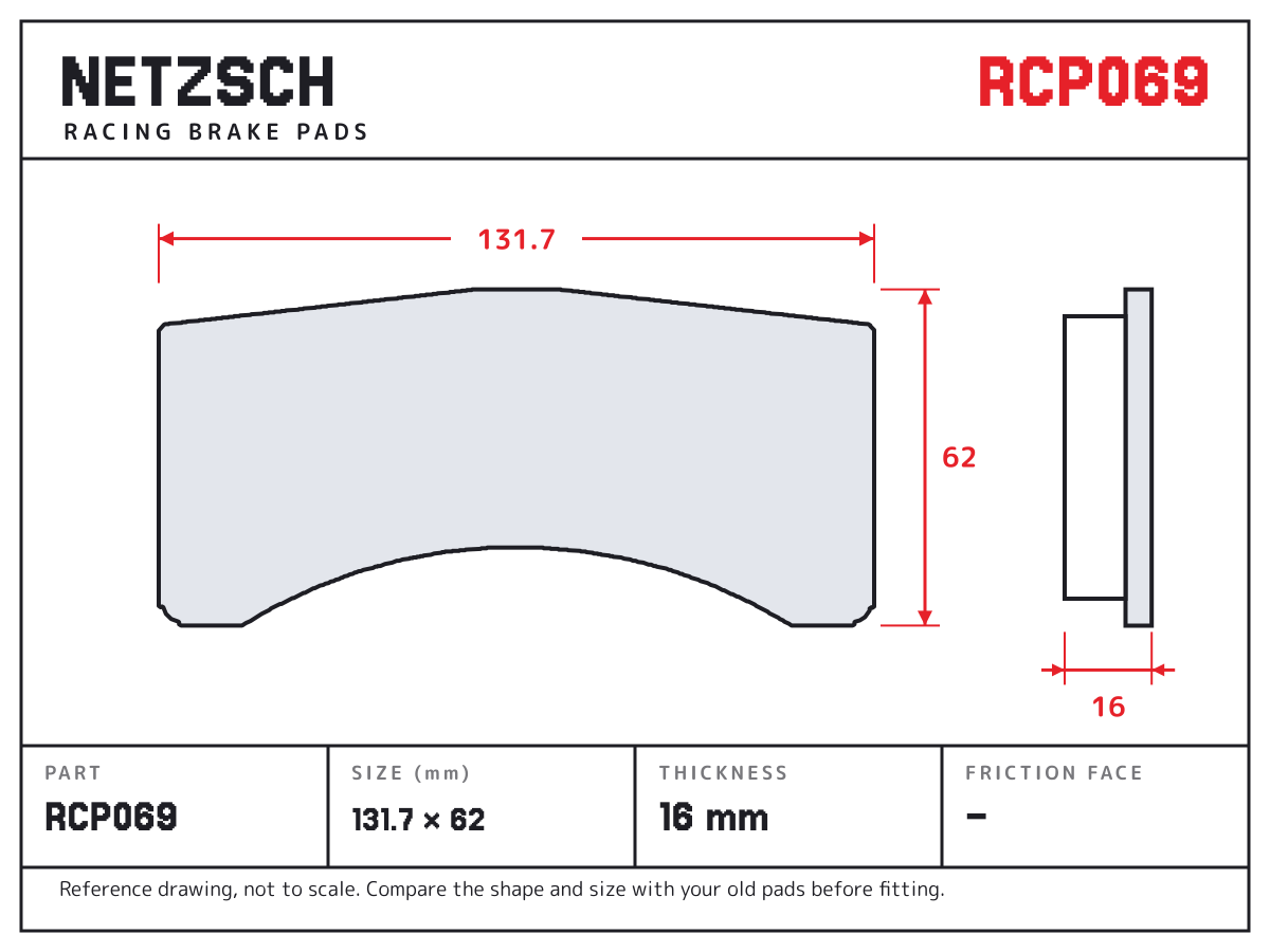NETZSCH RCP069 brake pad drawing: 131.7 × 62 mm, 16 mm thick