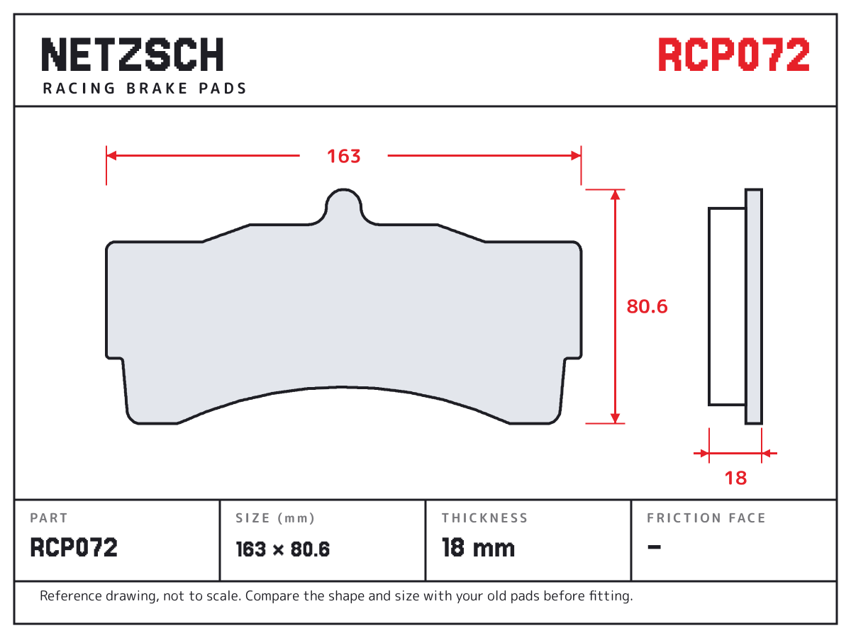 NETZSCH RCP072 brake pad drawing: 163 × 80.6 mm, 18 mm thick