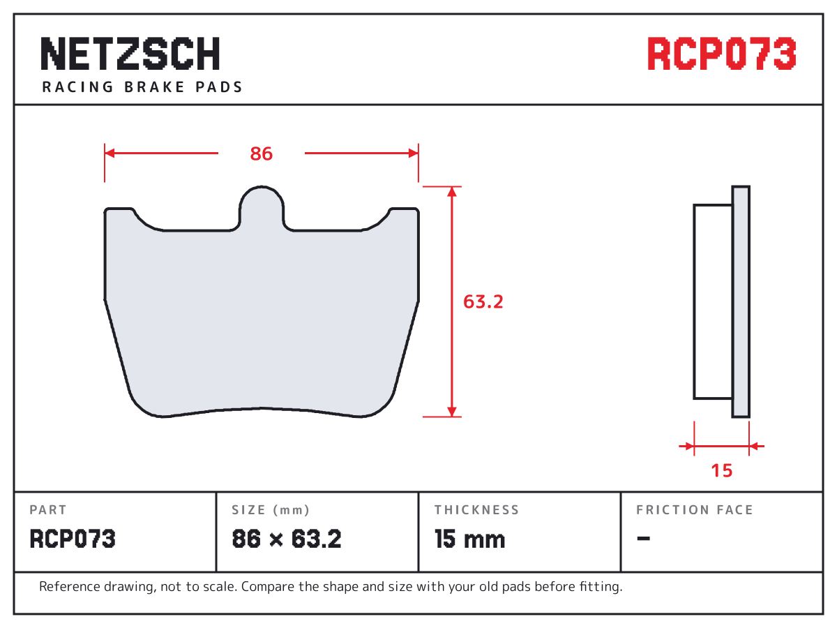 NETZSCH RCP073 brake pad drawing: 86 × 63.2 mm, 15 mm thick
