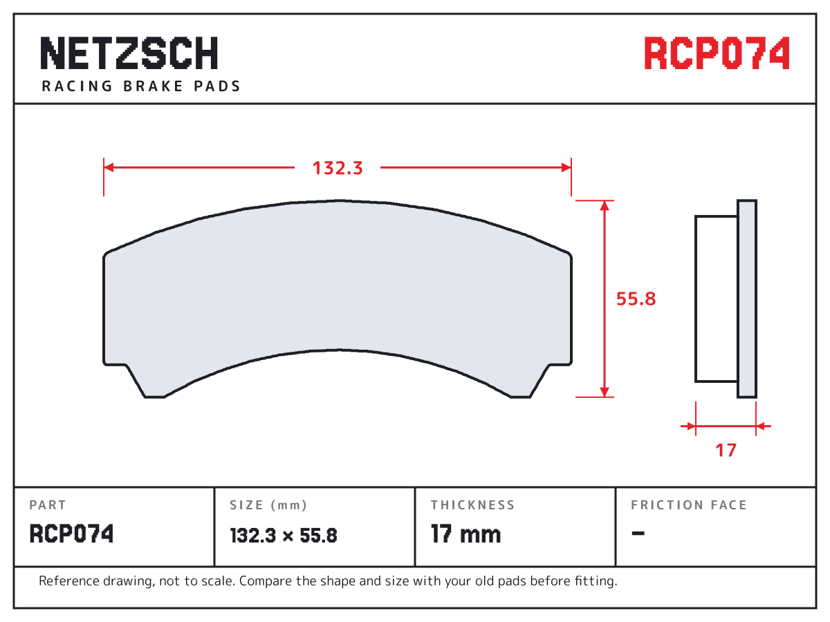 NETZSCH RCP074 brake pad drawing: 132.3 × 55.8 mm, 17 mm thick