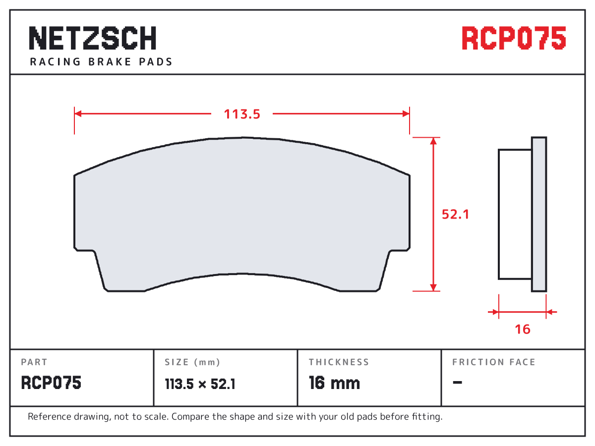 NETZSCH RCP075 brake pad drawing: 113.5 × 52.1 mm, 16 mm thick