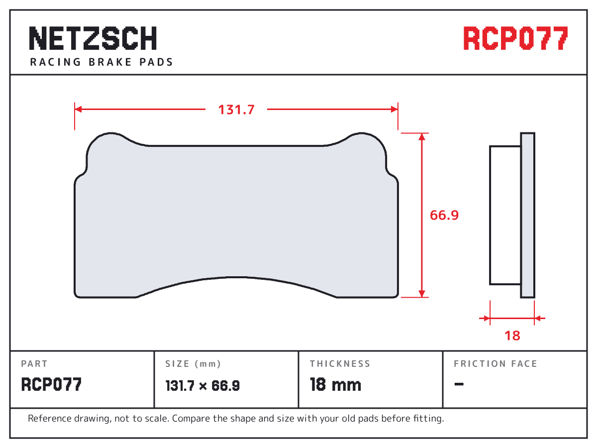NETZSCH RCP077 brake pad drawing: 131.7 × 66.9 mm, 18 mm thick