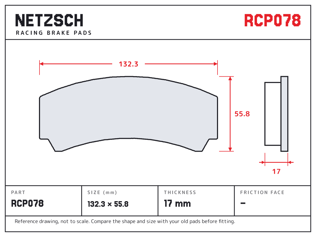 NETZSCH RCP078 brake pad drawing: 132.3 × 55.8 mm, 17 mm thick