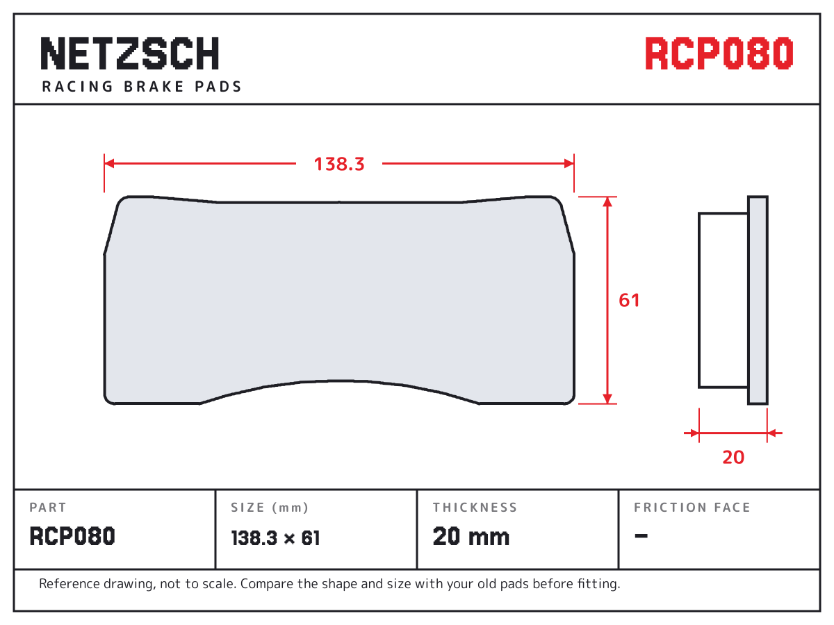 NETZSCH RCP080 brake pad drawing: 138.3 × 61 mm, 20 mm thick