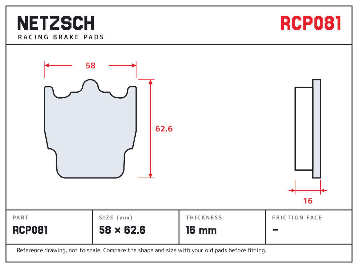 NETZSCH RCP081 brake pad drawing: 58 × 62.6 mm, 16 mm thick