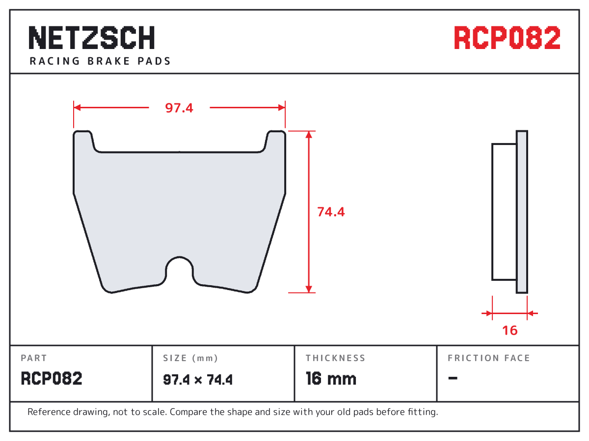 NETZSCH RCP082 brake pad drawing: 97.4 × 74.4 mm, 16 mm thick