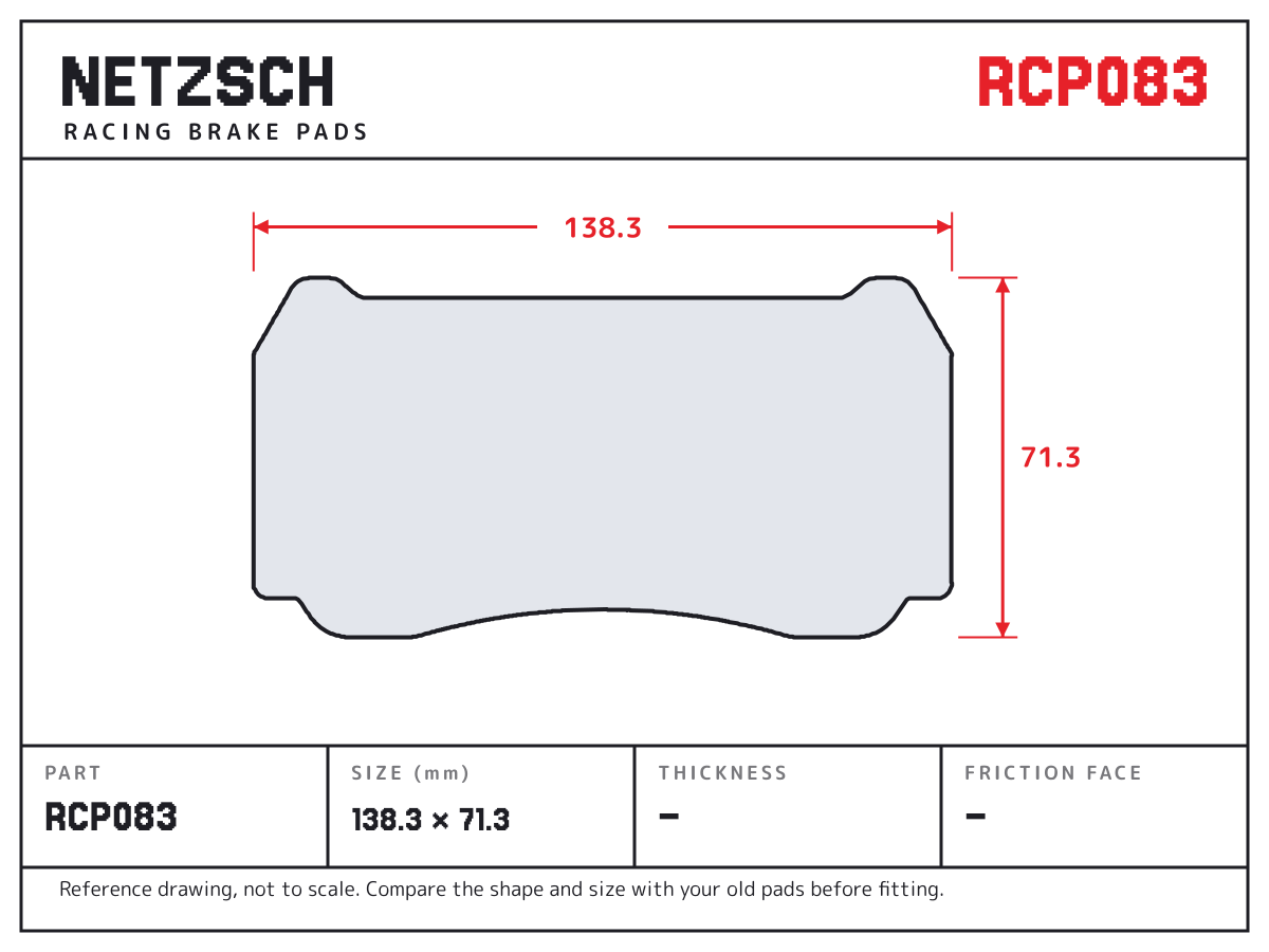 NETZSCH RCP083 brake pad drawing: 138.3 × 71.3 mm