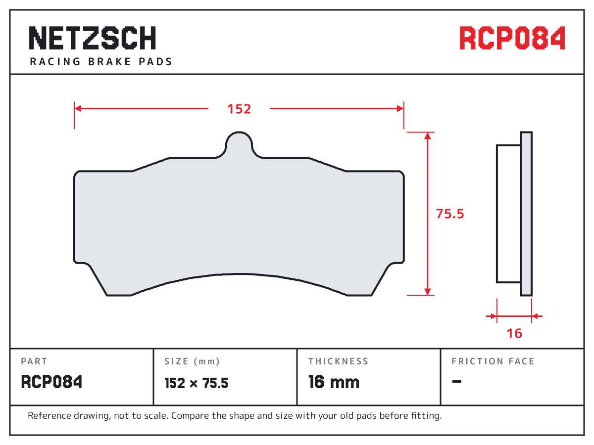 NETZSCH RCP084 brake pad drawing: 152 × 75.5 mm, 16 mm thick