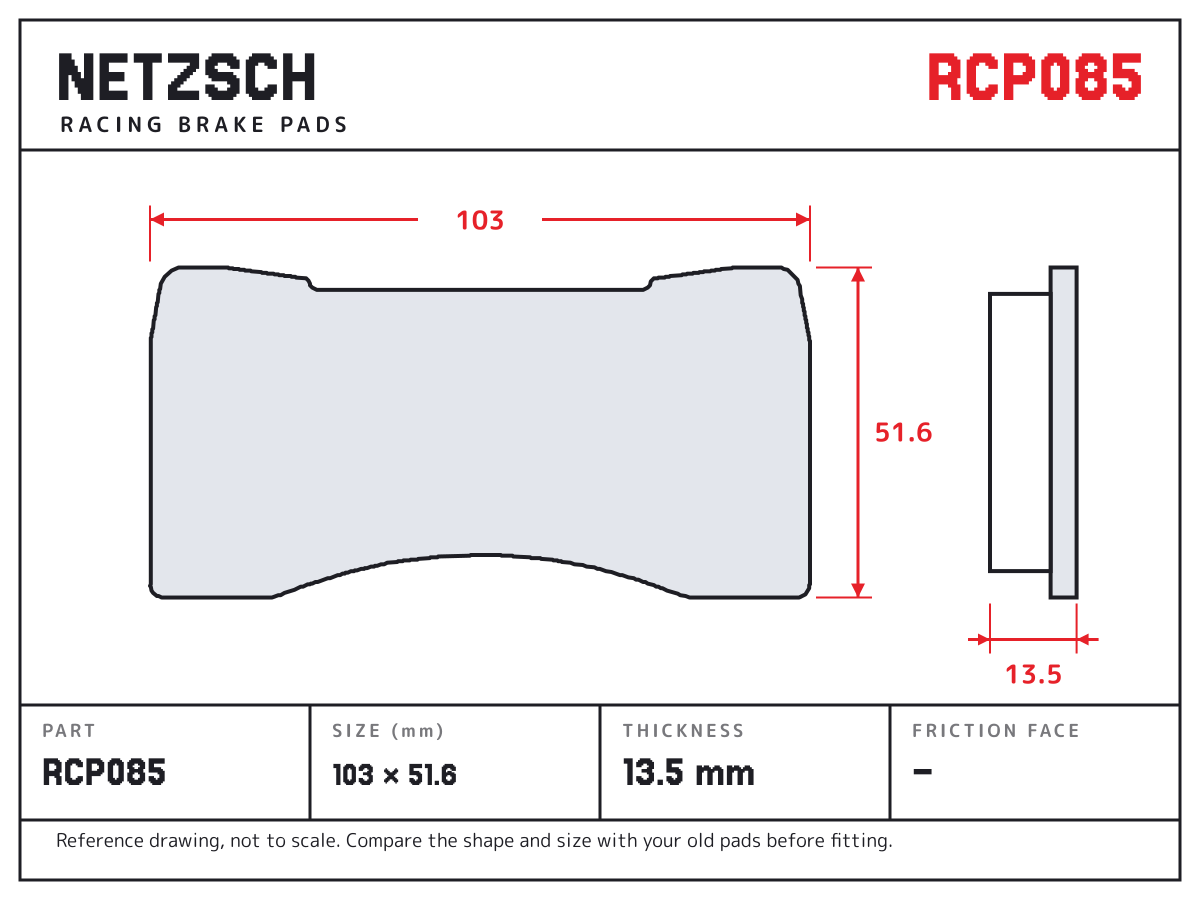 NETZSCH RCP085 brake pad drawing: 103 × 51.6 mm, 13.5 mm thick