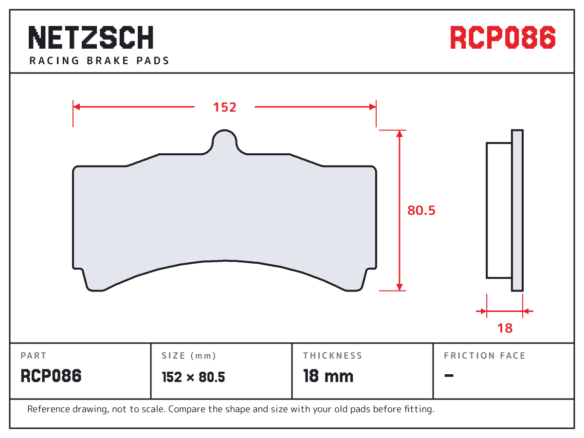 NETZSCH RCP086 brake pad drawing: 152 × 80.5 mm, 18 mm thick
