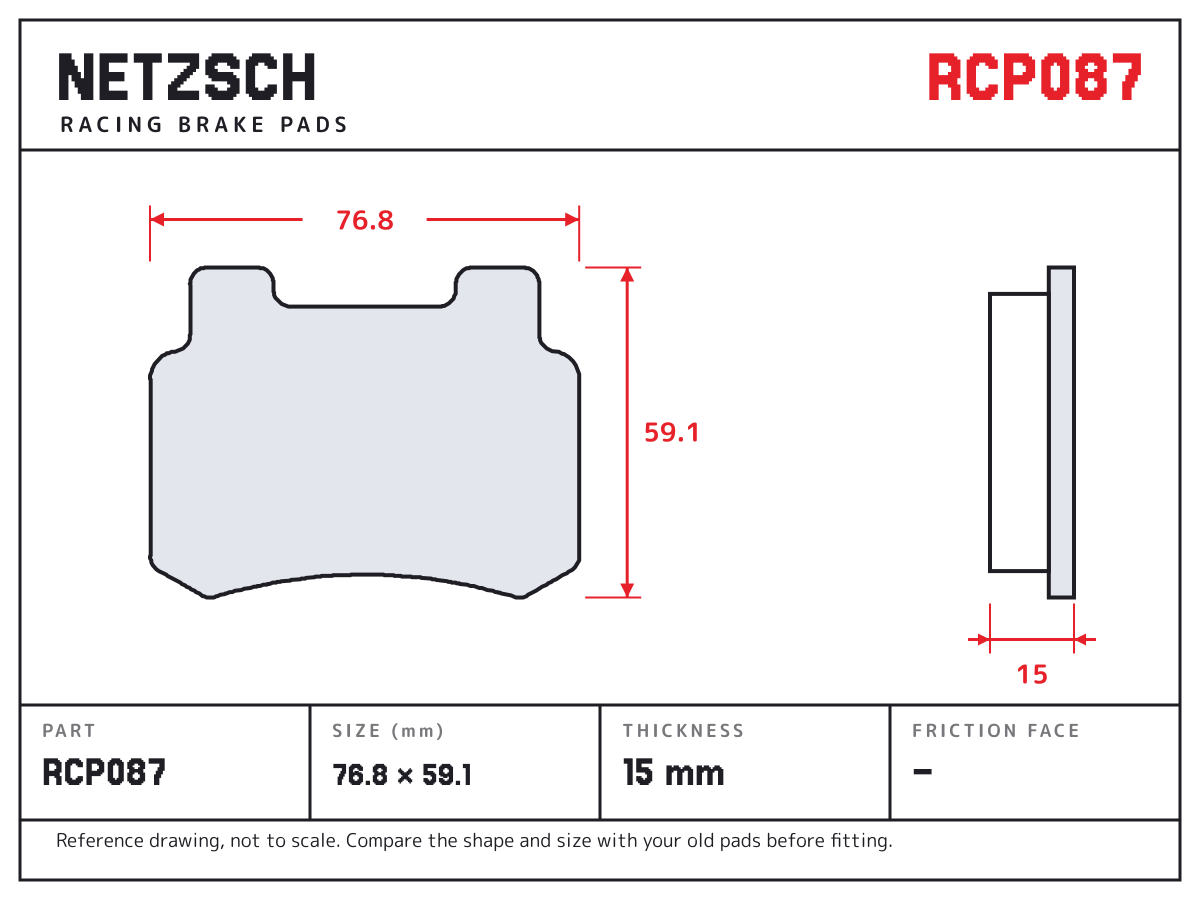 NETZSCH RCP087 brake pad drawing: 76.8 × 59.1 mm, 15 mm thick