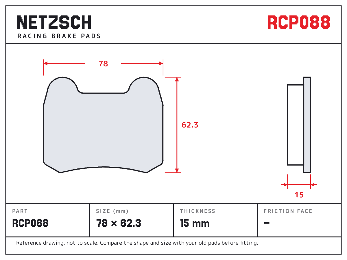NETZSCH RCP088 brake pad drawing: 78 × 62.3 mm, 15 mm thick