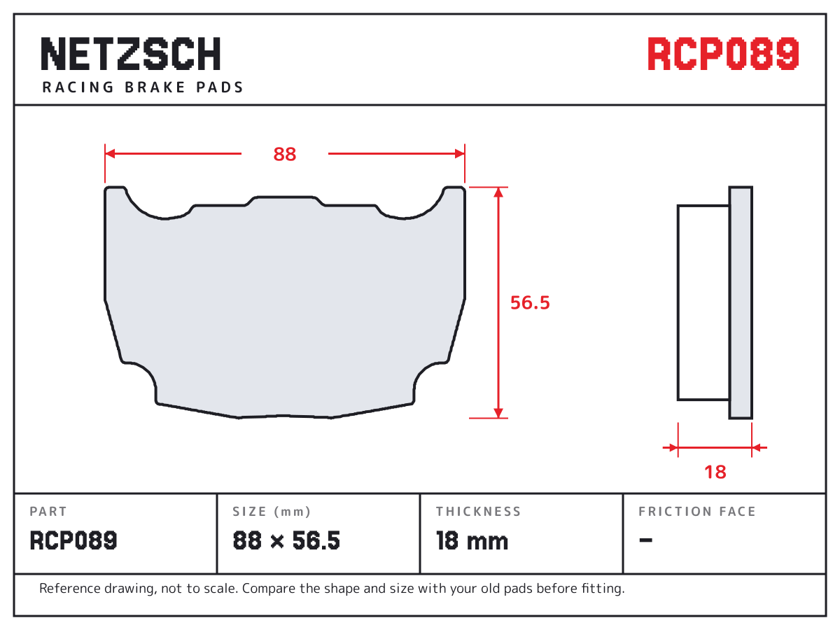 NETZSCH RCP089 brake pad drawing: 88 × 56.5 mm, 18 mm thick