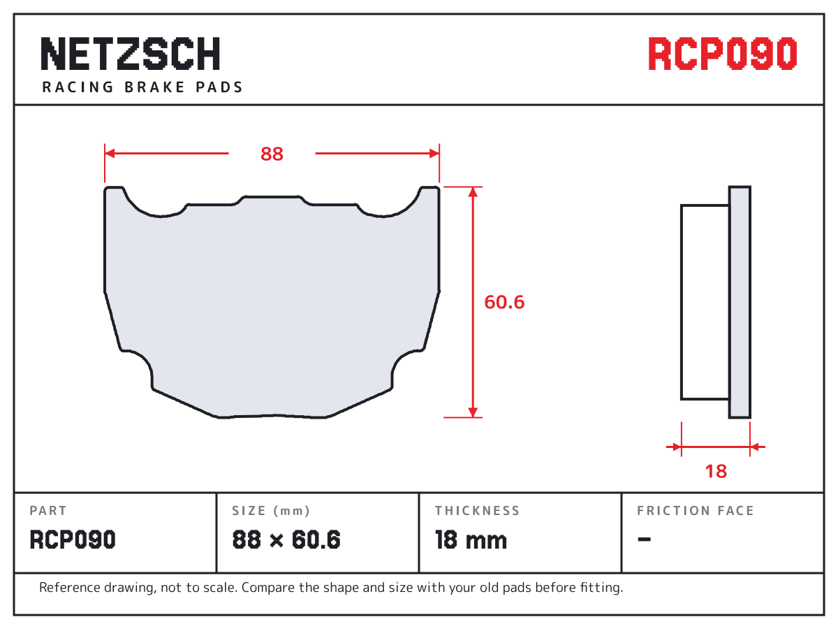 NETZSCH RCP090 brake pad drawing: 88 × 60.6 mm, 18 mm thick