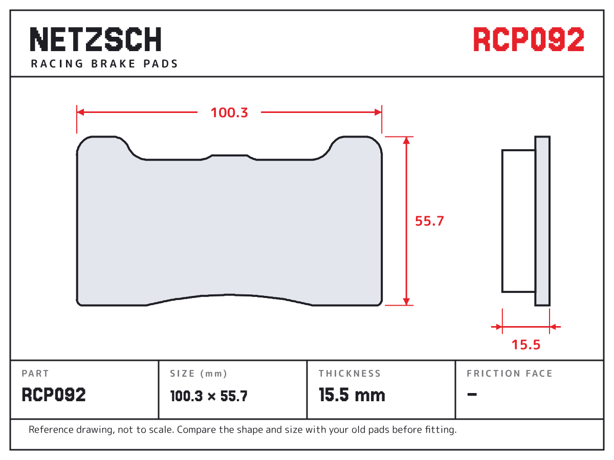 NETZSCH RCP092 brake pad drawing: 100.3 × 55.7 mm, 15.5 mm thick