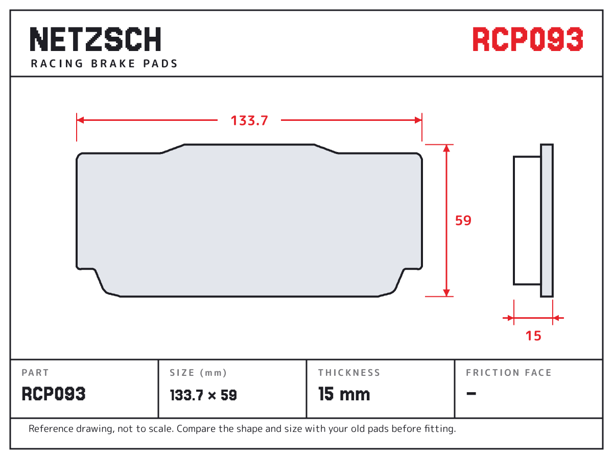 NETZSCH RCP093 brake pad drawing: 133.7 × 59 mm, 15 mm thick