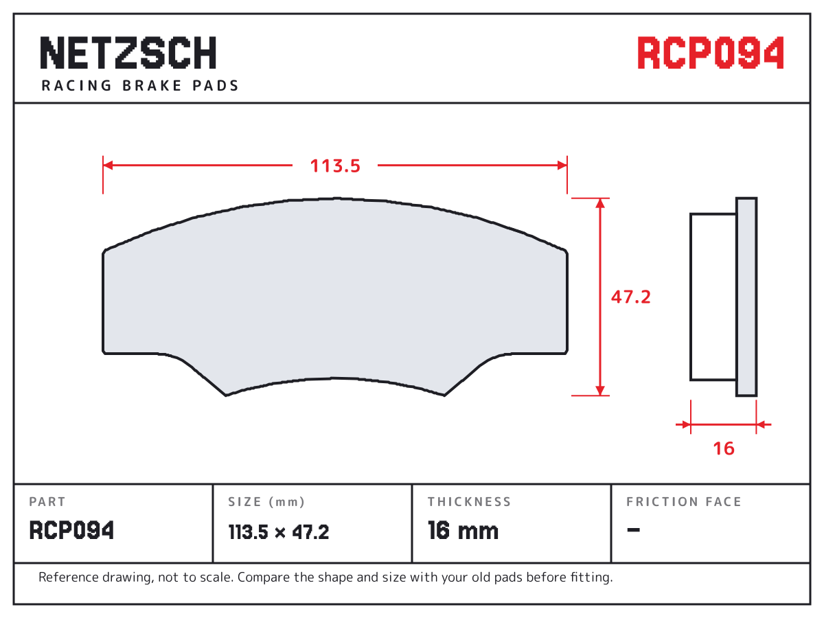 NETZSCH RCP094 brake pad drawing: 113.5 × 47.2 mm, 16 mm thick
