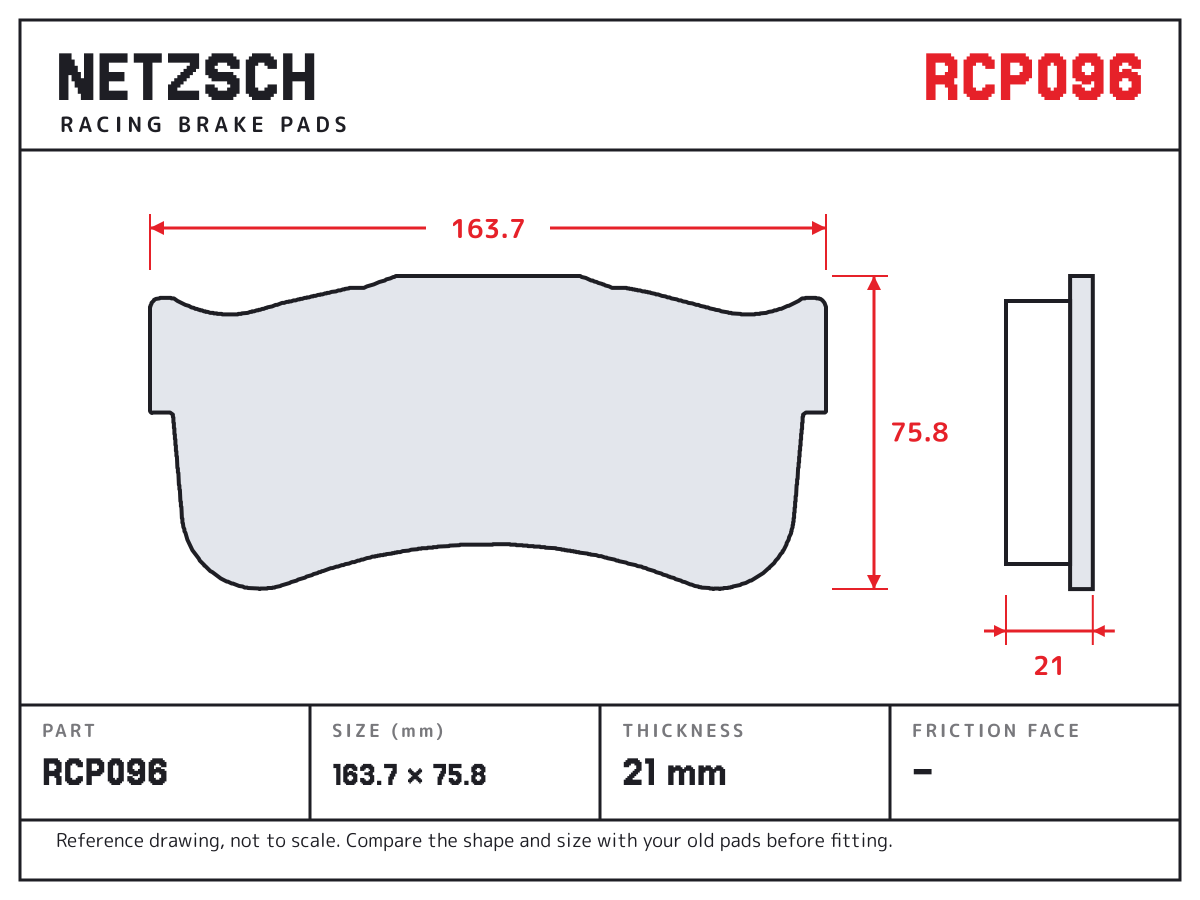 NETZSCH RCP096 brake pad drawing: 163.7 × 75.8 mm, 21 mm thick