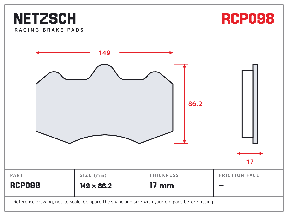 NETZSCH RCP098 brake pad drawing: 149 × 86.2 mm, 17 mm thick