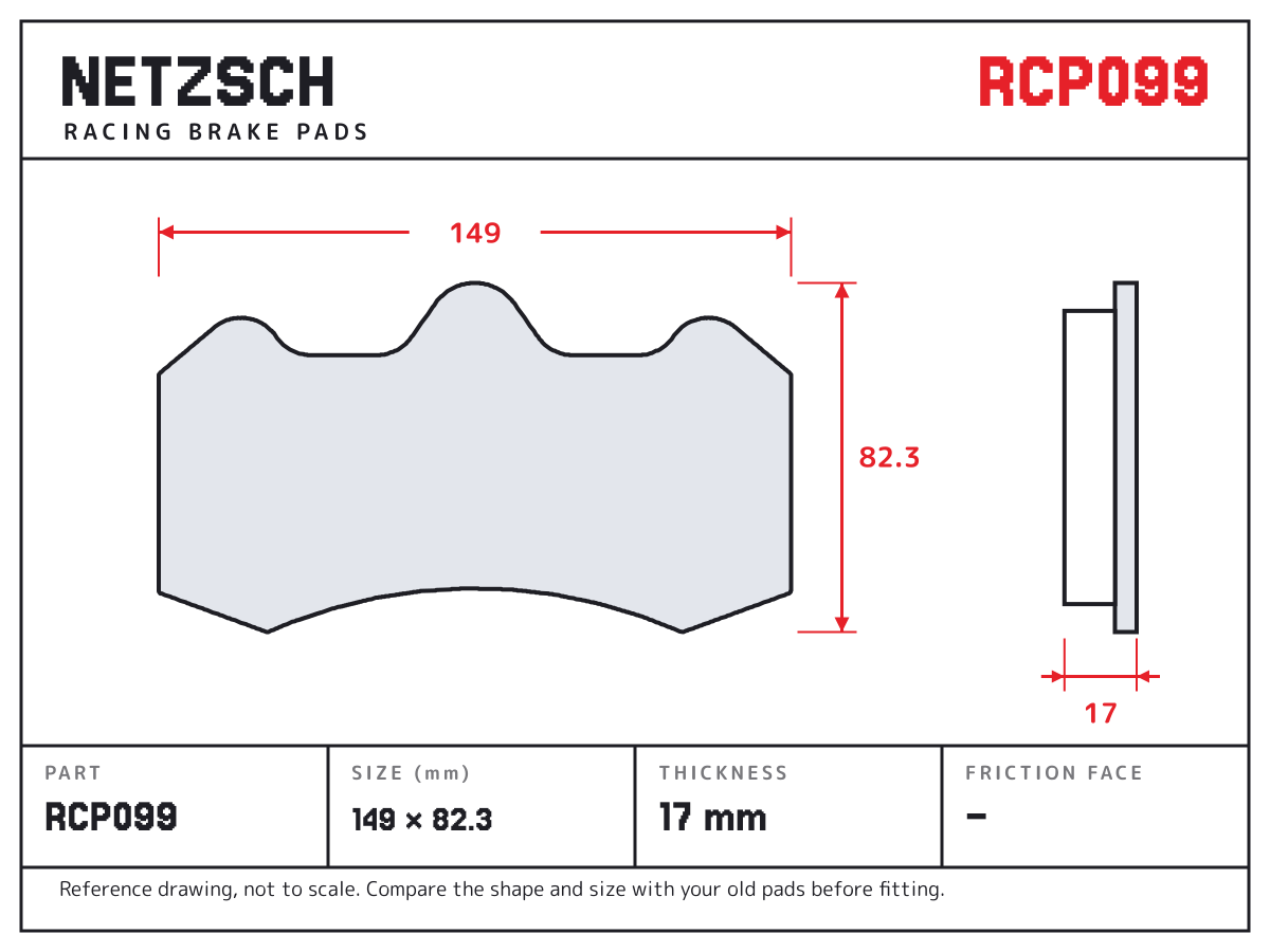 NETZSCH RCP099 brake pad drawing: 149 × 82.3 mm, 17 mm thick