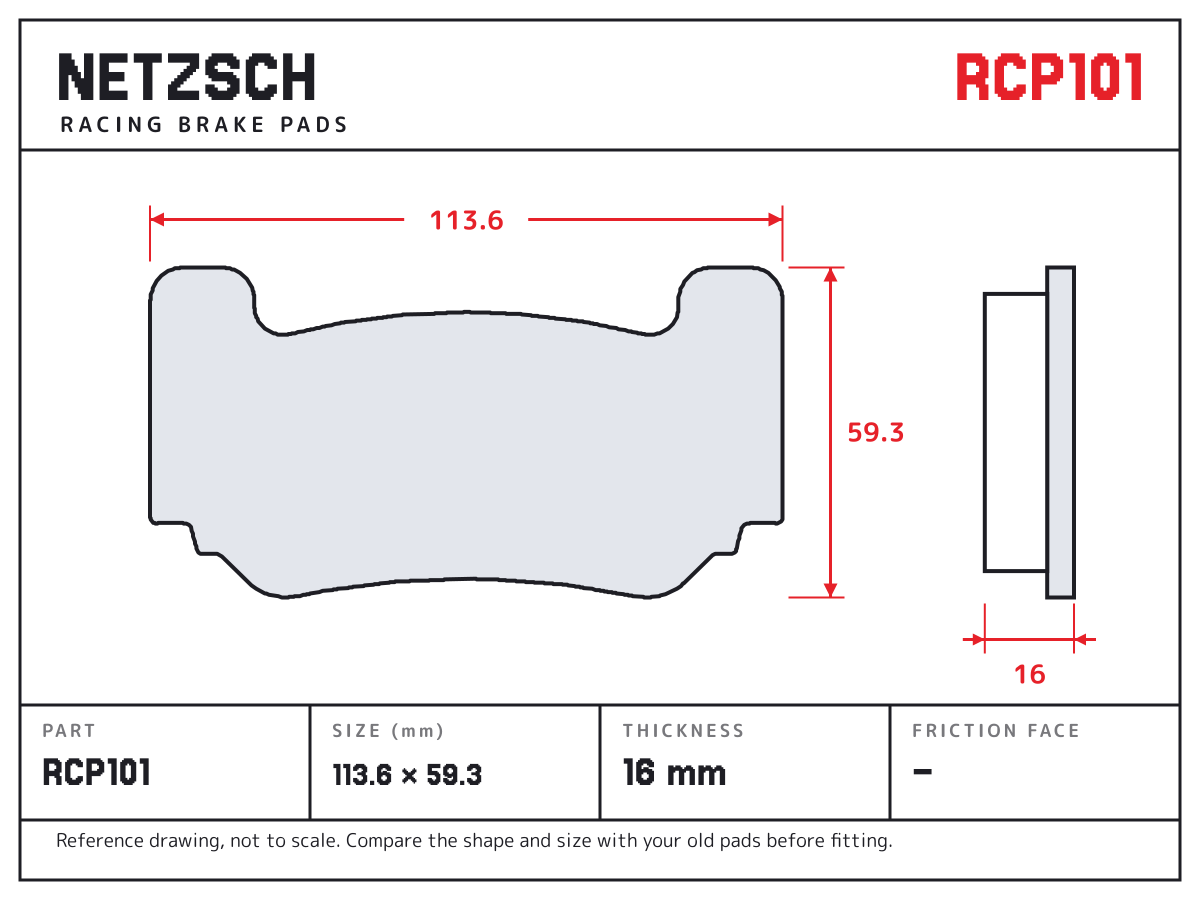 NETZSCH RCP101 brake pad drawing: 113.6 × 59.3 mm, 16 mm thick