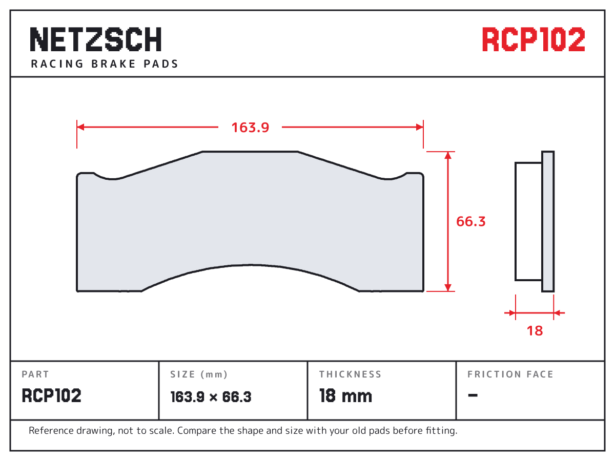 NETZSCH RCP102 brake pad drawing: 163.9 × 66.3 mm, 18 mm thick