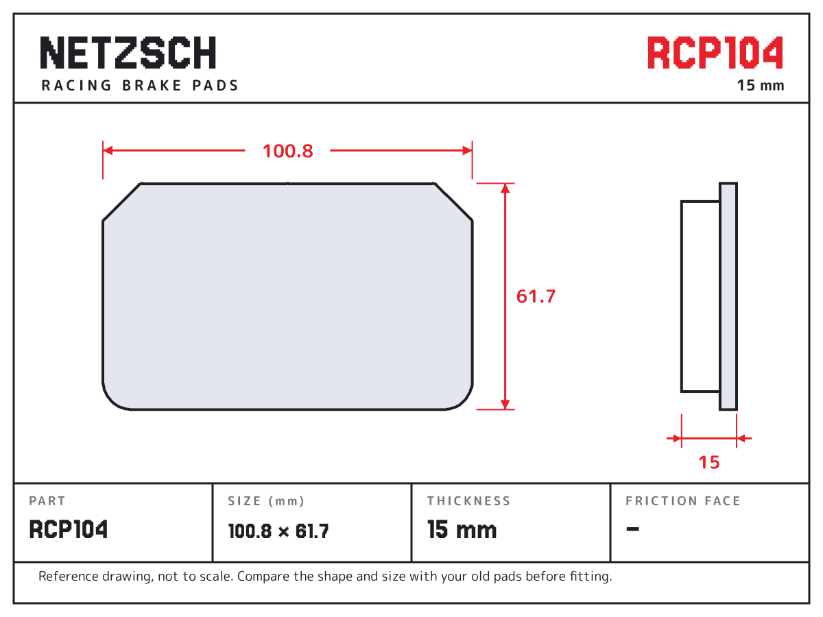 NETZSCH RCP104 brake pad drawing: 100.8 × 61.7 mm, 15 mm thick